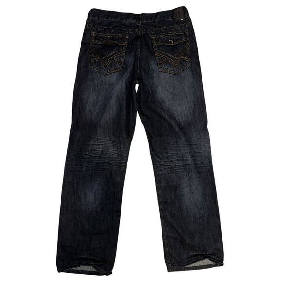 Helix Straight Leg Loose Jeans Mens 34 33 Dark Wash Logo Denim Embroidered - Picture 5 of 8